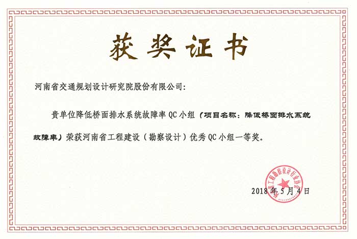 公司被评为河南省勘察设计行业2018年度质量管理小组优秀企业